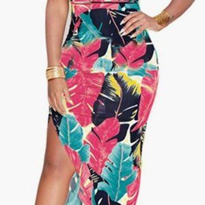 Colorful Leaf Design V-Neck Backless Bodycon Dress (NWOT)